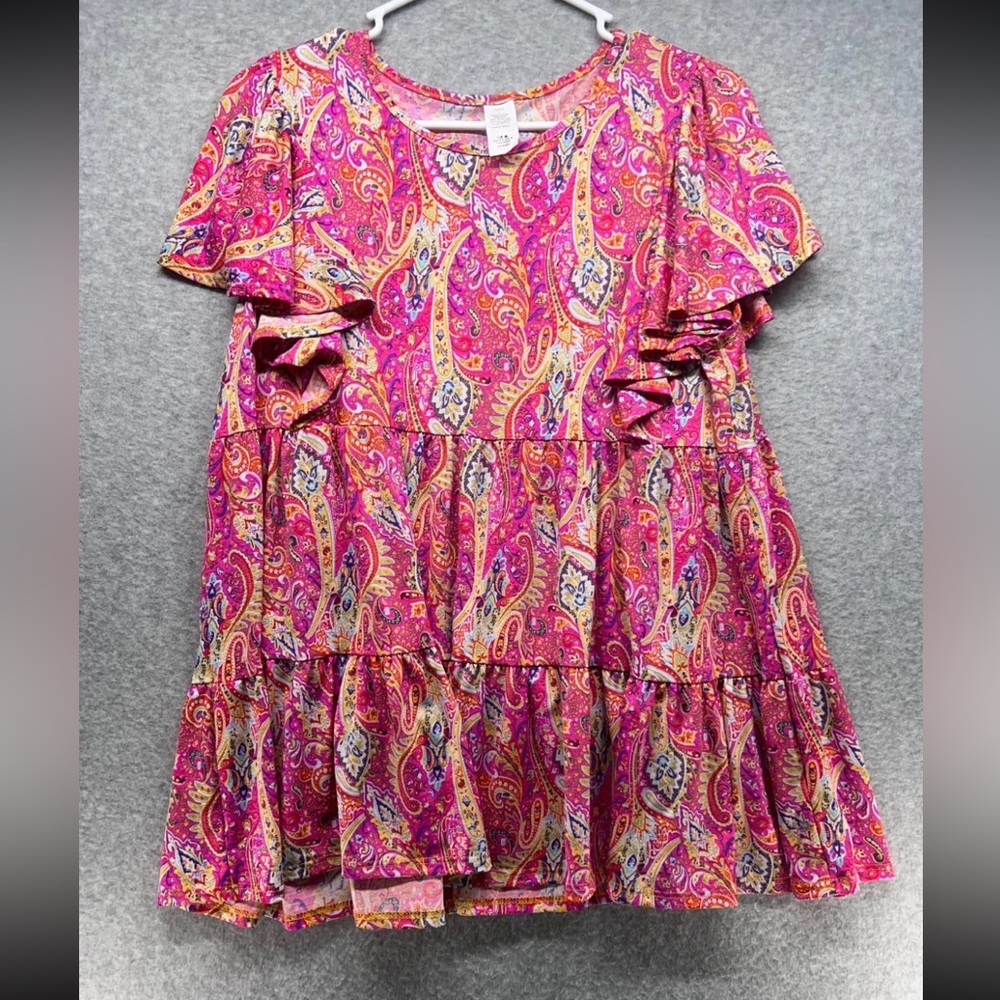 Paisley Ruffle Tiered Blouse in Bright Pink